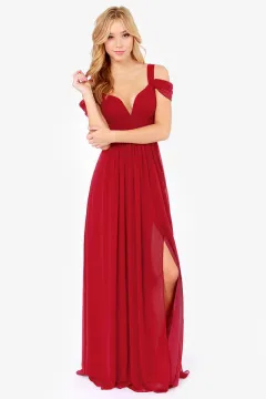 Long Floor Length Elegant Greek Style Pleated Dress - Wine Red - View 1