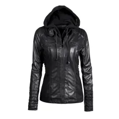Detachable hooded lapel zipper long-sleeved solid color women's leather - Black - View 1