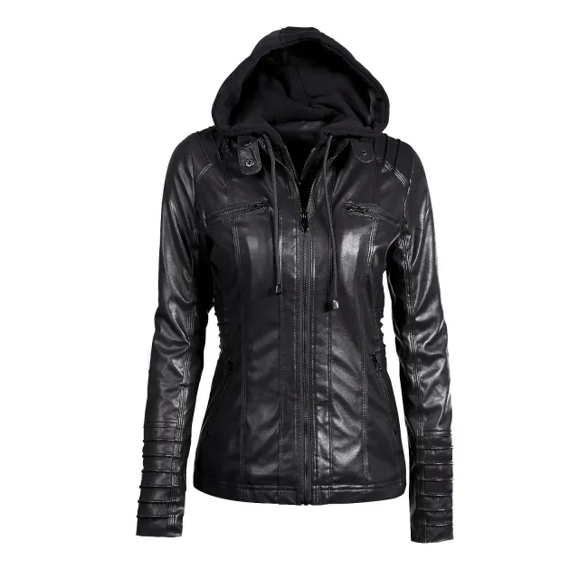 Detachable hooded lapel zipper long sleeved solid color women's leather Black - Shop at LoveMi