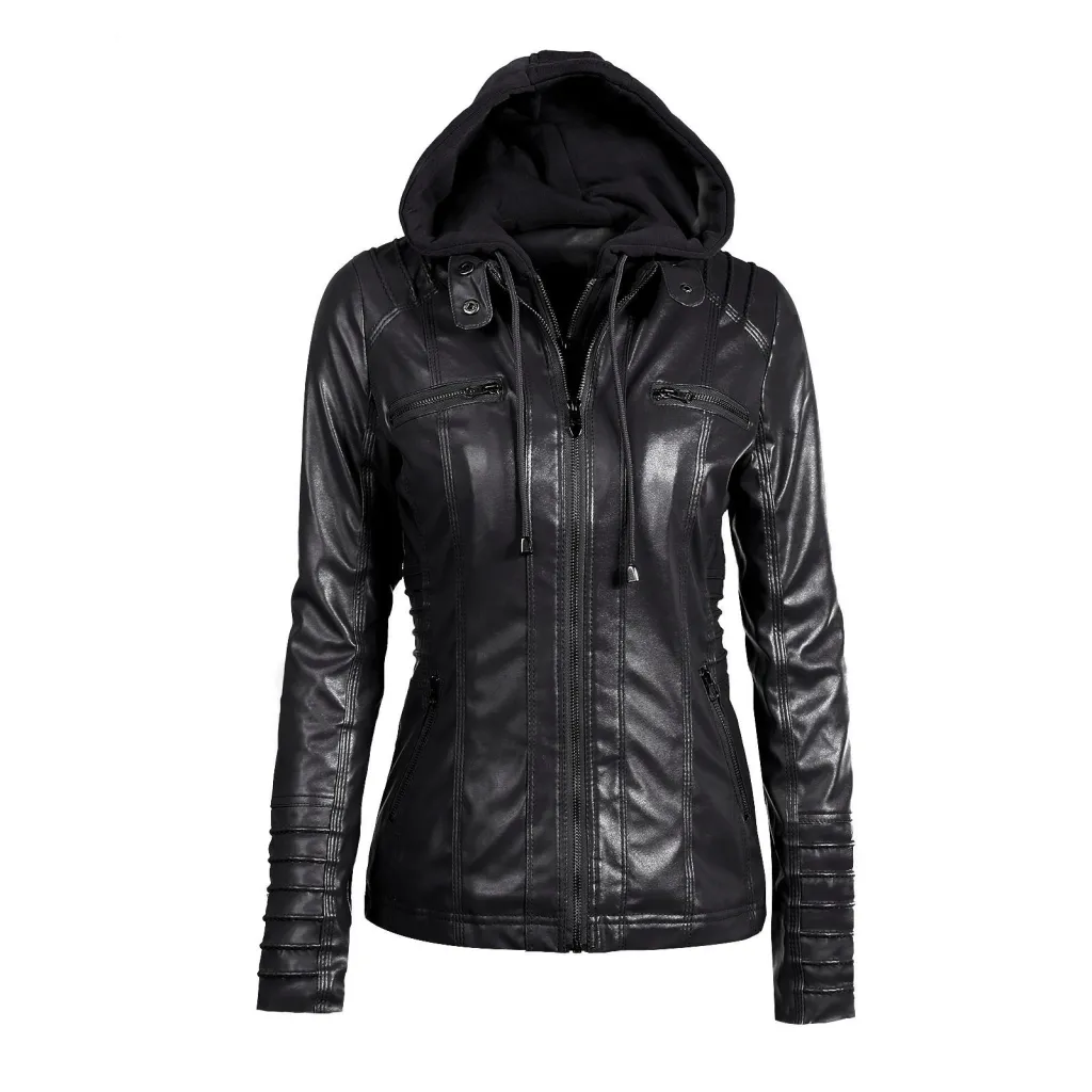 Detachable hooded lapel zipper long-sleeved solid color women's leather - Black