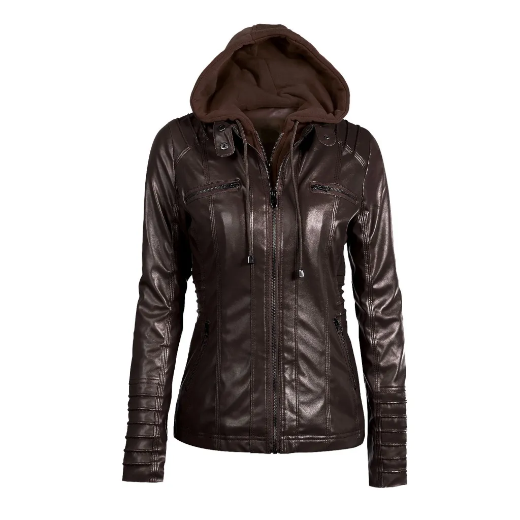 Detachable hooded lapel zipper long-sleeved solid color women's leather - Coffee