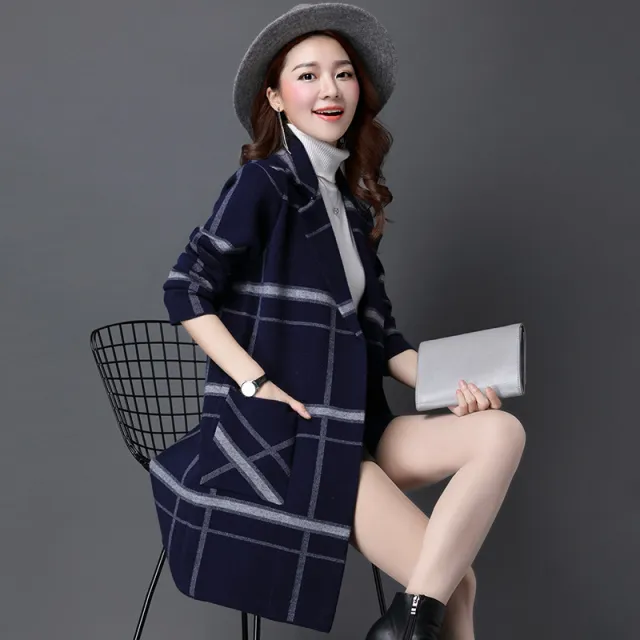 Autumn and winter new cardigan coat sweater suit collar large lattice Blue - Shop at LoveMi