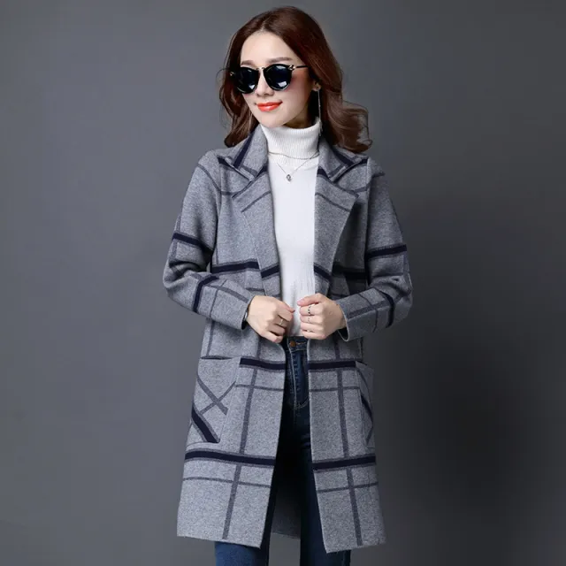Autumn and winter new cardigan coat sweater suit collar large lattice Gray - Shop at LoveMi