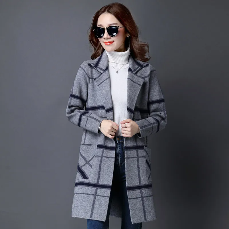 Autumn and winter new cardigan coat sweater suit collar large lattice - Gray