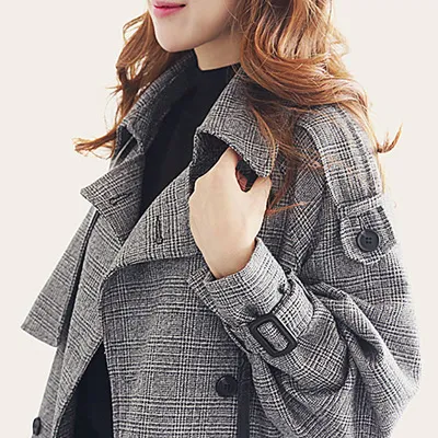 Houndstooth windbreaker female long section Korean version autumn new fashion loose thin plaid coat coat Grey - Shop at LoveMi