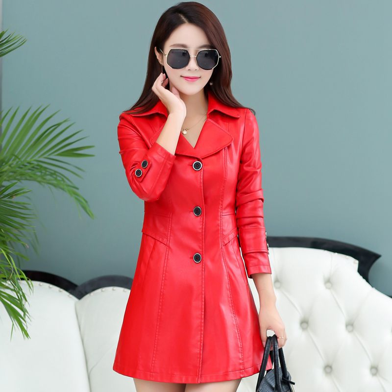 Versatile Leather Jacket with a slim plus size mid length leather jacket for women's wear Red - Shop at LoveMi