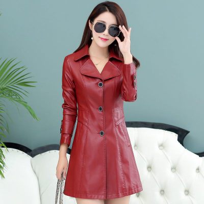 Versatile Leather Jacket with a slim plus size mid length leather jacket for women's wear Dark Red - Shop at LoveMi