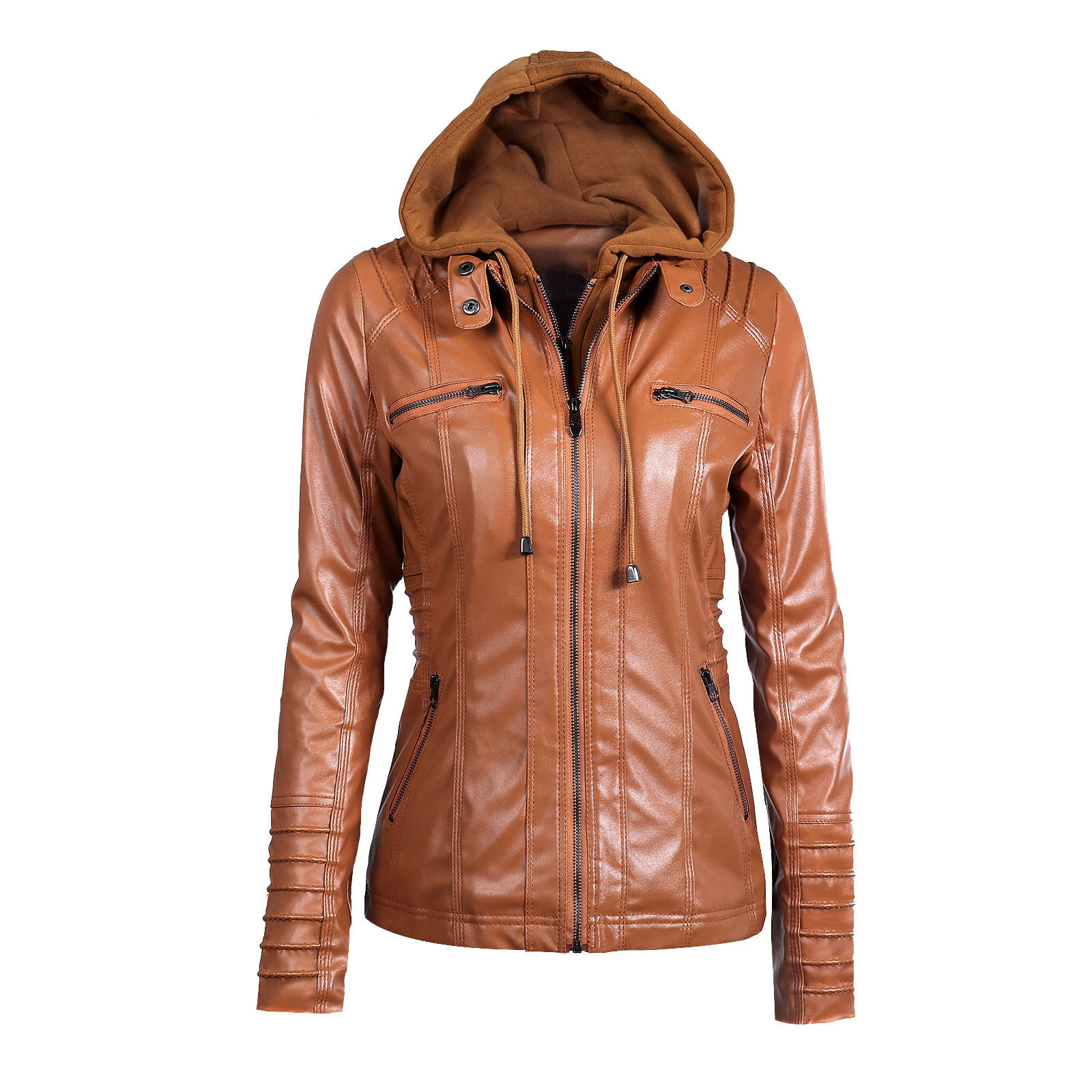 Detachable hooded lapel zipper long sleeved solid color women's leather Brown - Shop at LoveMi