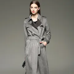 Autumn and winter new ladies fashion long slim slimming suede suede temperament windbreaker - Grey - View 1