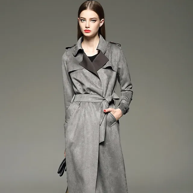 Autumn and winter new ladies fashion long slim slimming suede suede temperament windbreaker Gray - Shop at LoveMi