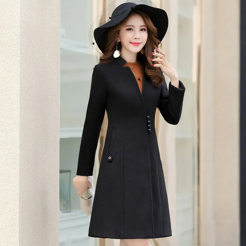 Women's woolen coat slim slim coat - Black