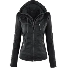 Fashion Detachable Hooded Jacket With Pockets Casual Solid Colour Zipper Long Sleeve Leather Coat Autumn Winter Women's Clothing - Black - View 1