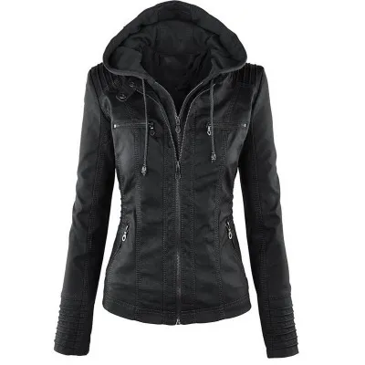 Fashion Detachable Hooded Jacket With Pockets Casual Solid Color Zipper Long Sleeve Leather Coat Autumn Winter Women's Clothing - Black