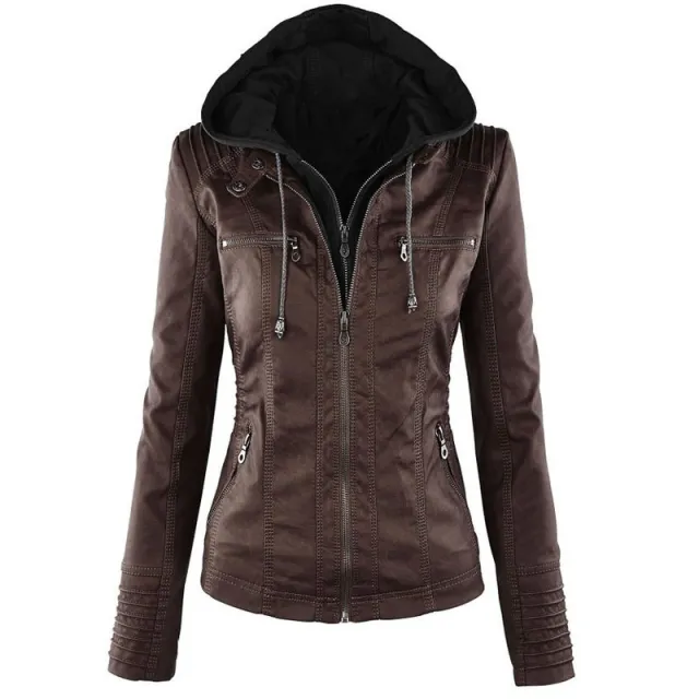 Fashion Detachable Hooded Jacket With Pockets Casual Solid Color Zipper Long Sleeve Leather Coat Autumn Winter Women's Clothing Coffee - Shop at LoveMi