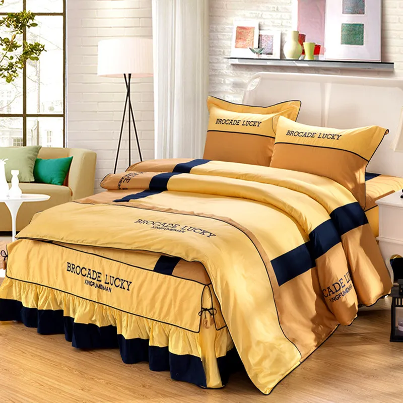 Solid color cotton bed skirt set of four - Golden