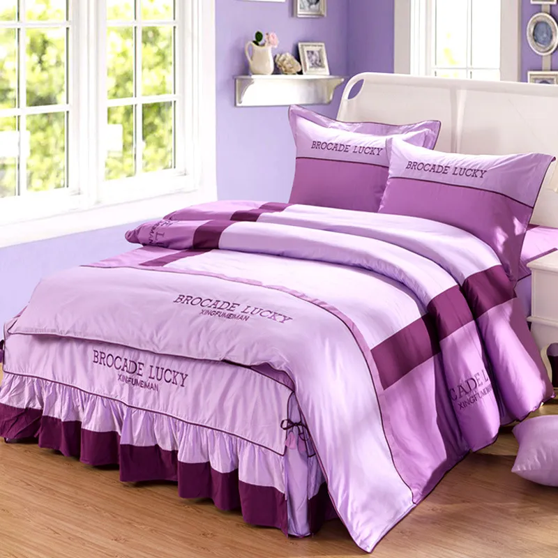 Solid color cotton bed skirt set of four - Purple