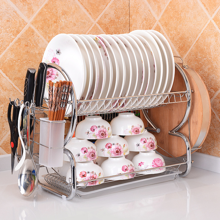On Behalf Of The Kitchen Tableware Draining Plate Rack Double Stainless Material Storage Racks Dishes