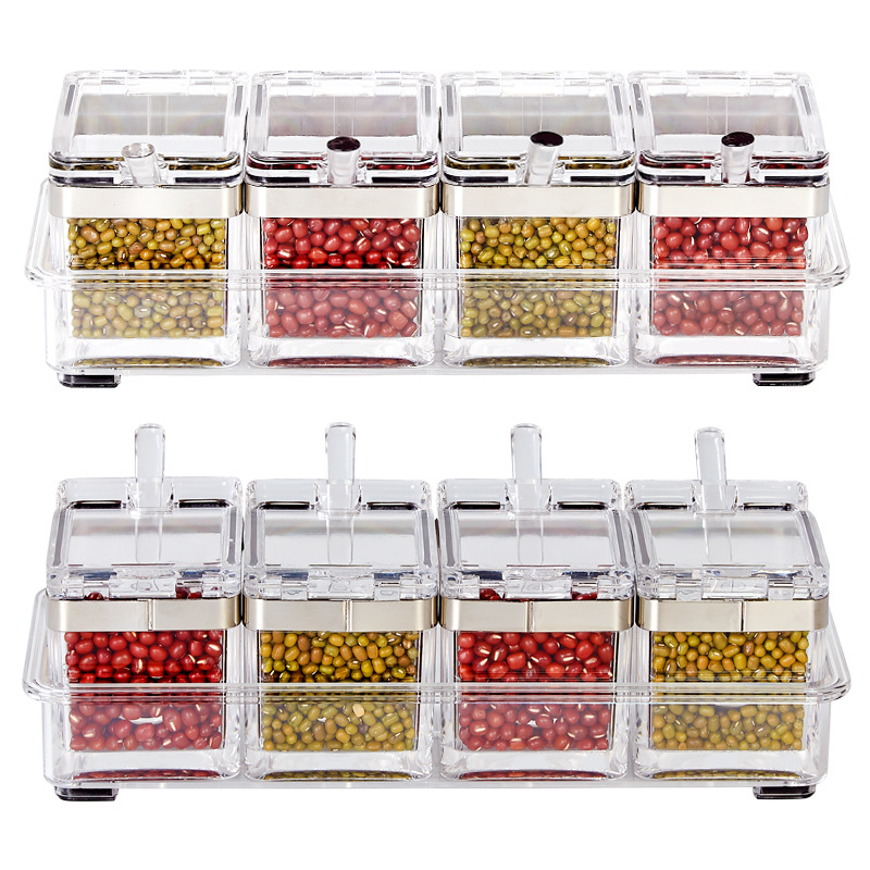 European acrylic seasoning box Stainless steel sealing ring transparent environmental condiment box suit kitchen supplies wholesale