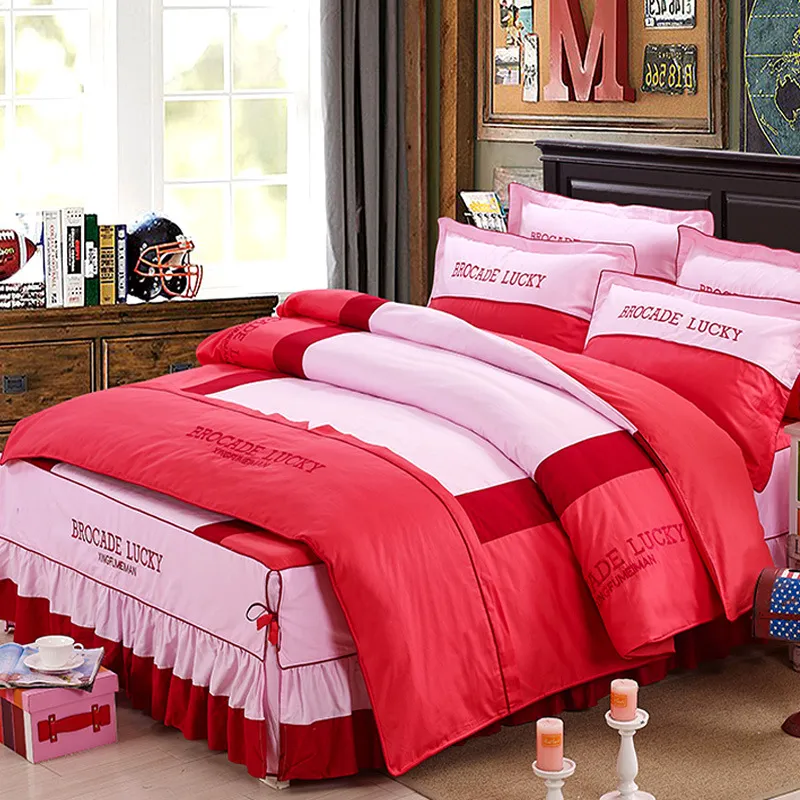 Solid color cotton bed skirt set of four - Brick Red