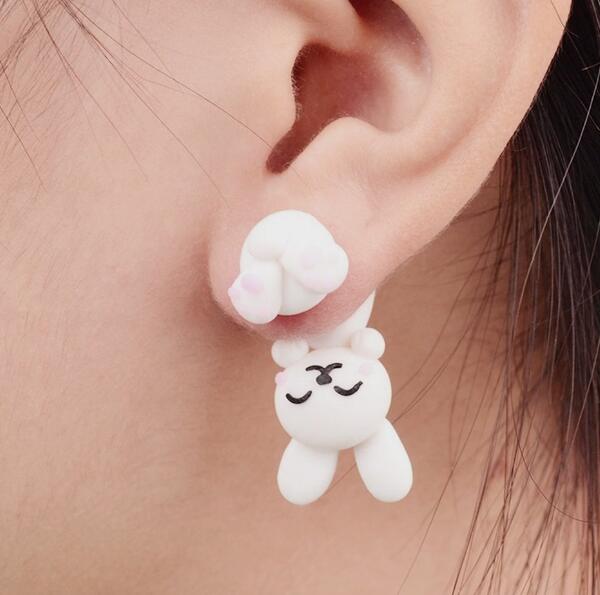 White Inverted Rabbit Round Tail Three-dimensional Earrings