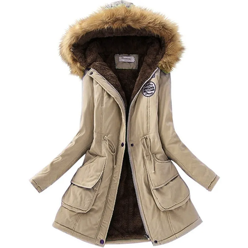 Long Women's Cotton-Padded Jacket With Wool Collar - Khaki