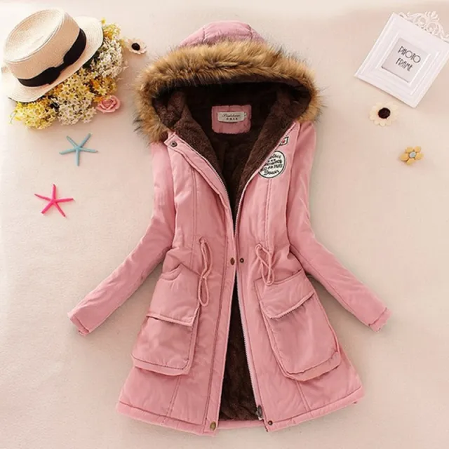 Long Women's Cotton Padded Jacket With Wool Collar Pink - Shop at LoveMi