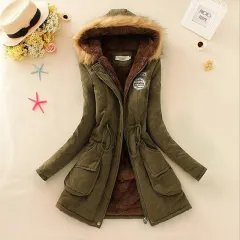 Long Women's Cotton-Padded Jacket With Wool Collar - Army Green - View 1