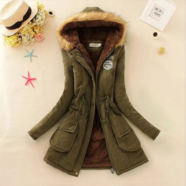 Long Women's Cotton Padded Jacket With Wool Collar Army Green - Shop at LoveMi