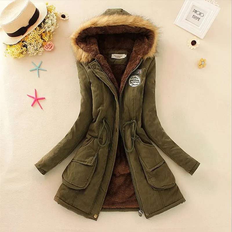 Long Women's Cotton-Padded Jacket With Wool Collar - Army Green