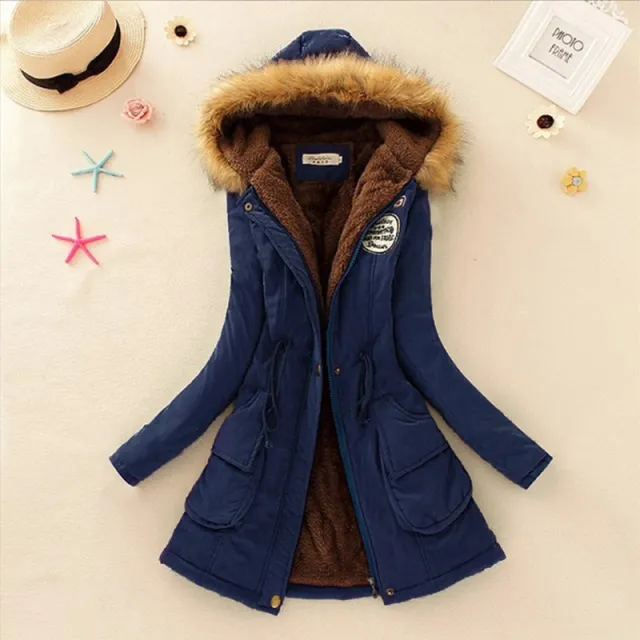 Long Women's Cotton Padded Jacket With Wool Collar Navy - Shop at LoveMi
