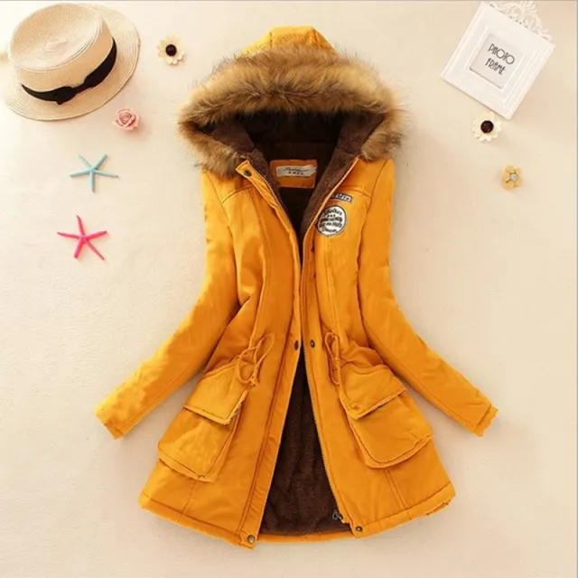 Long Women's Cotton Padded Jacket With Wool Collar Yellow - Shop at LoveMi