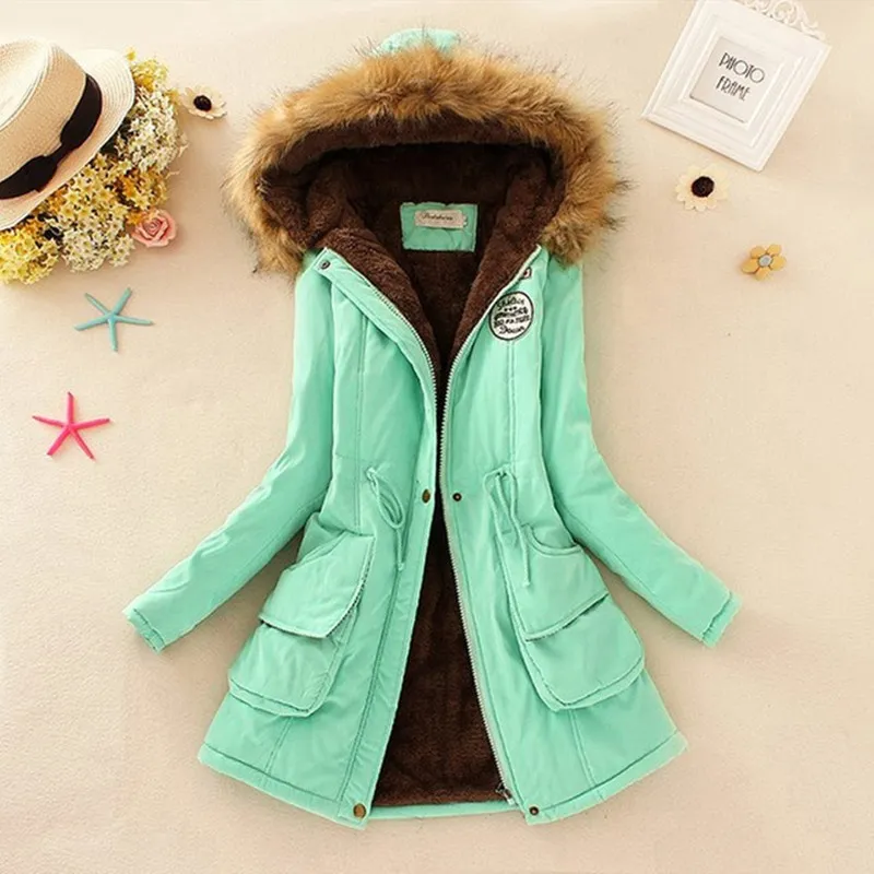 Long Women's Cotton-Padded Jacket With Wool Collar - Green