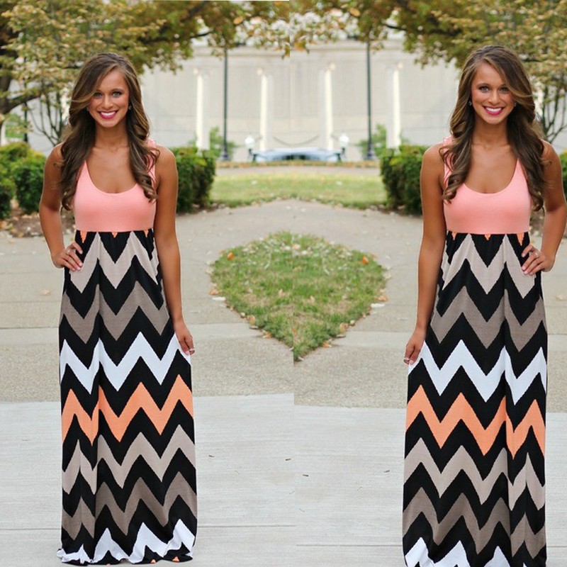 Printed Waves Stripe Long Skirt Dress