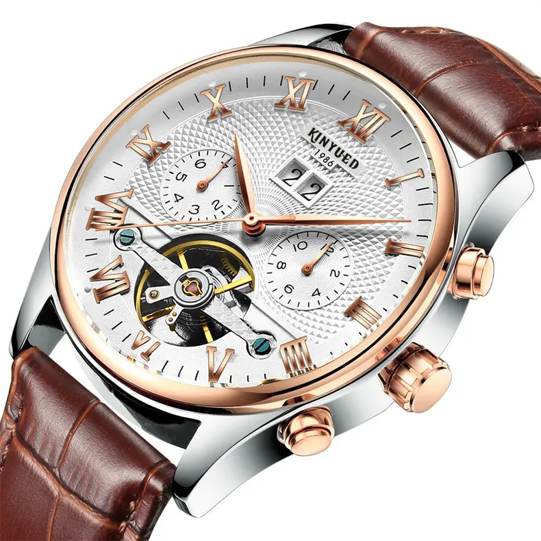 Genuine KINYUED Automatic Hollow Tourbillon Mechanical Watch Fashion Men's