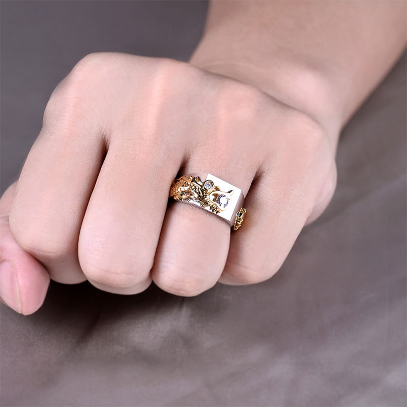 New Men's Domineering Dragon Pattern Two-color Zircon Rhinestone Ring Fashion Punk Hip Hop — foto 7
