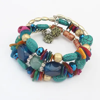 Natural Stone Pine Agate Beaded Multi-layer Winding Bracelet