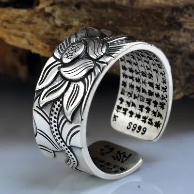 Thai Silver Black Men'S and Women'S Lotus Heart Sutra
