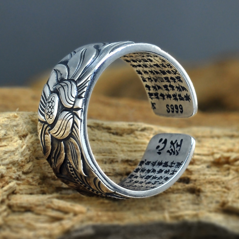 Thai Silver Black Men'S And Women'S Lotus Heart Sutra  Ring — foto 5
