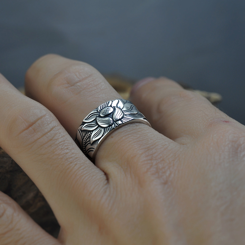 Thai Silver Black Men'S And Women'S Lotus Heart Sutra  Ring — foto 4
