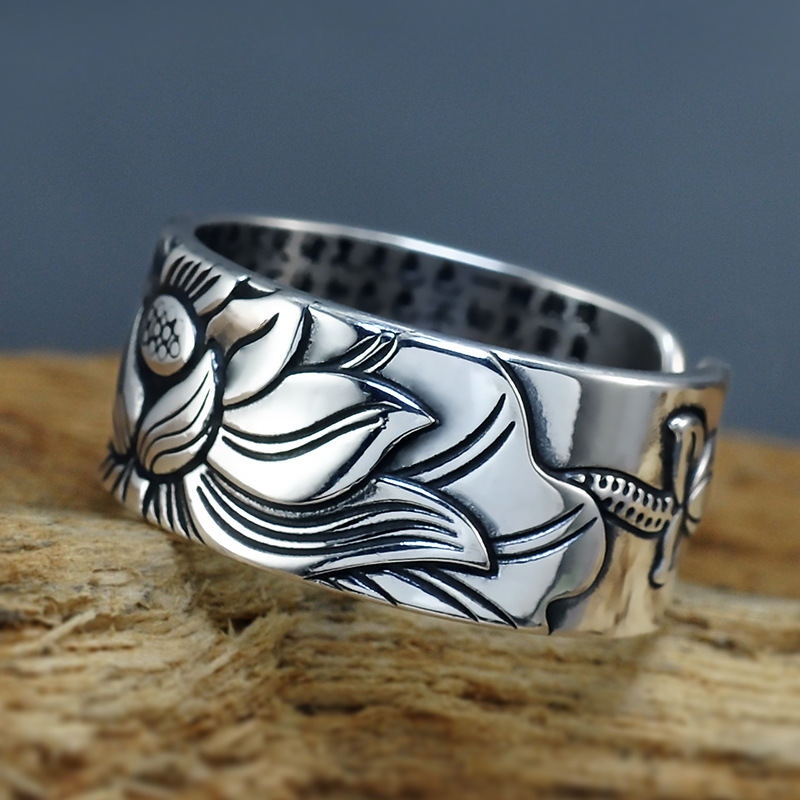 Thai Silver Black Men'S And Women'S Lotus Heart Sutra  Ring — foto 6
