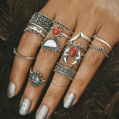 Vintage Silver Carved Joint Ring with Red and White