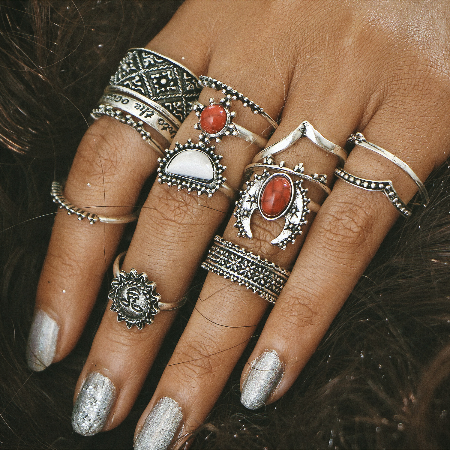 Silver-Tone Carved Joint Ring
