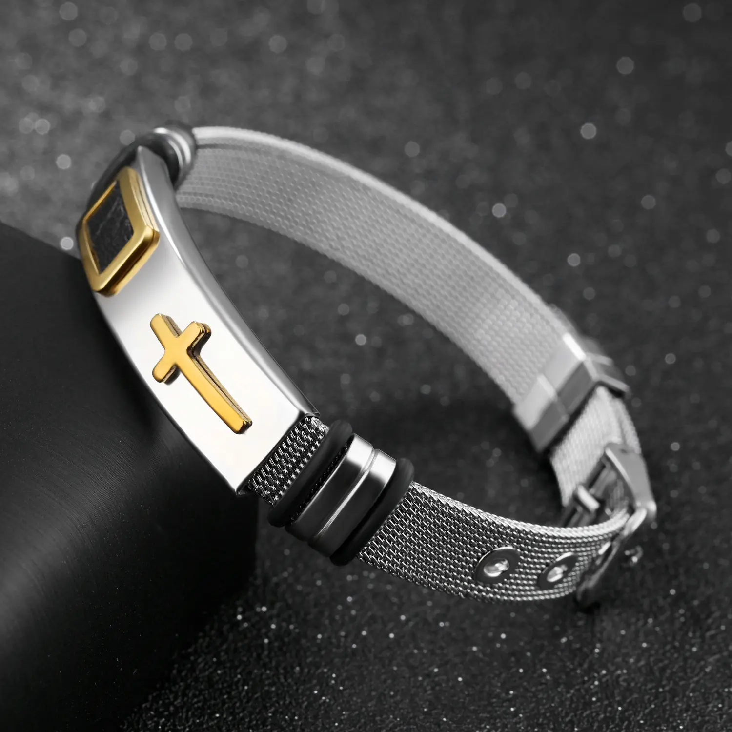 Steel mesh bracelet gold cross titanium men's