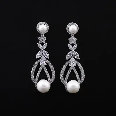 Zircon pierced pearl earrings female 925 silver
