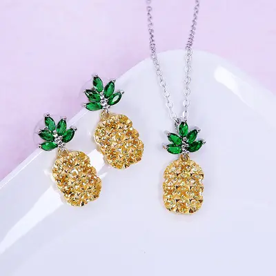 Crystal Pineapple Earrings Necklace Set Coconut Tree