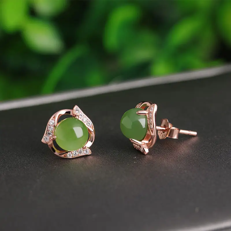Ethnic style green jade earrings sterling silver