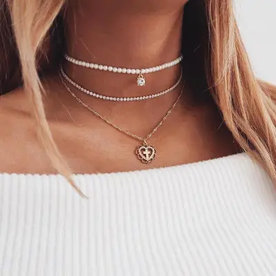 Pearl Drops Love Necklace Rhinestone Multilayer Wedding