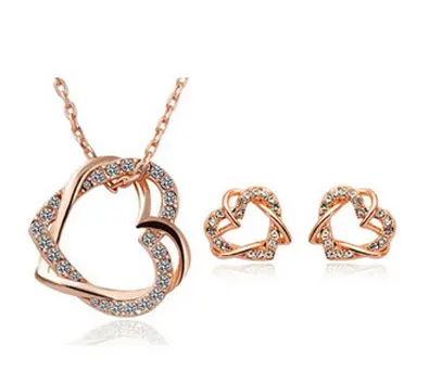 Yiwu Fashion Jewelry Customized Double Diamond Heart Necklace Earring