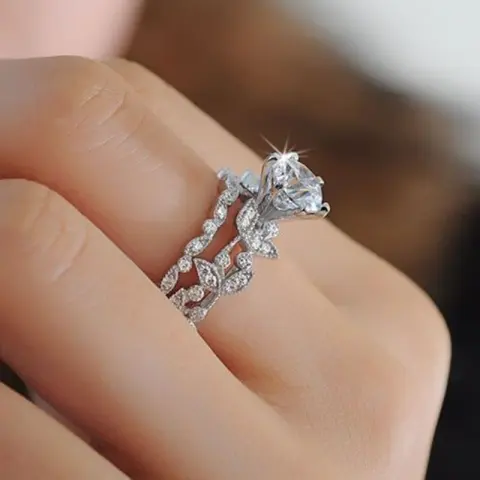 New Princess Ring Diamond Set Tree Leaf Engagement