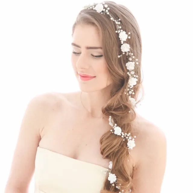 Bride's wedding photo building with makeup handmade pearl white flowers and long soft chain hair chain 1 meters 1 - Shop at LoveMi